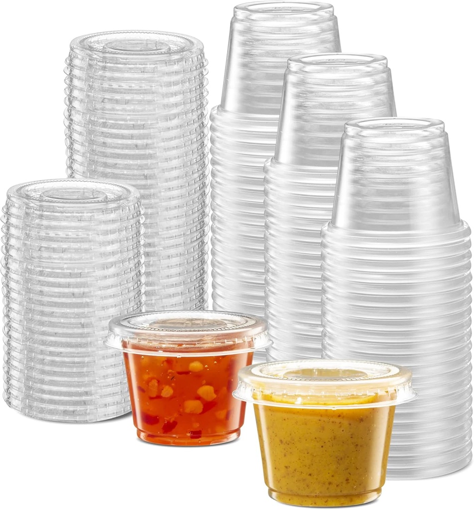(1 oz - 200 Sets) Clear Diposable Plastic Portion Cups With Lids, Small Mini Containers For Portion Controll, Jello Shots, Meal Prep, Sauce Cups,Condiments, Medicine,Disposable
