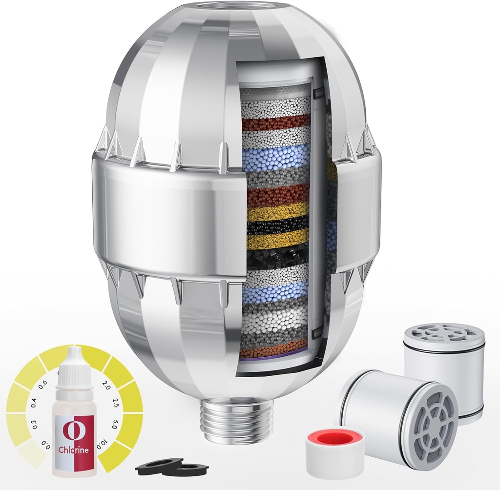 High Output Shower Filter For Hard Water 25 Stage Filter to Remove Chlorine and Harmful Substance Including chlorine reagents for water quality testing Improve Skin and Hair -Chrome (RSF201)