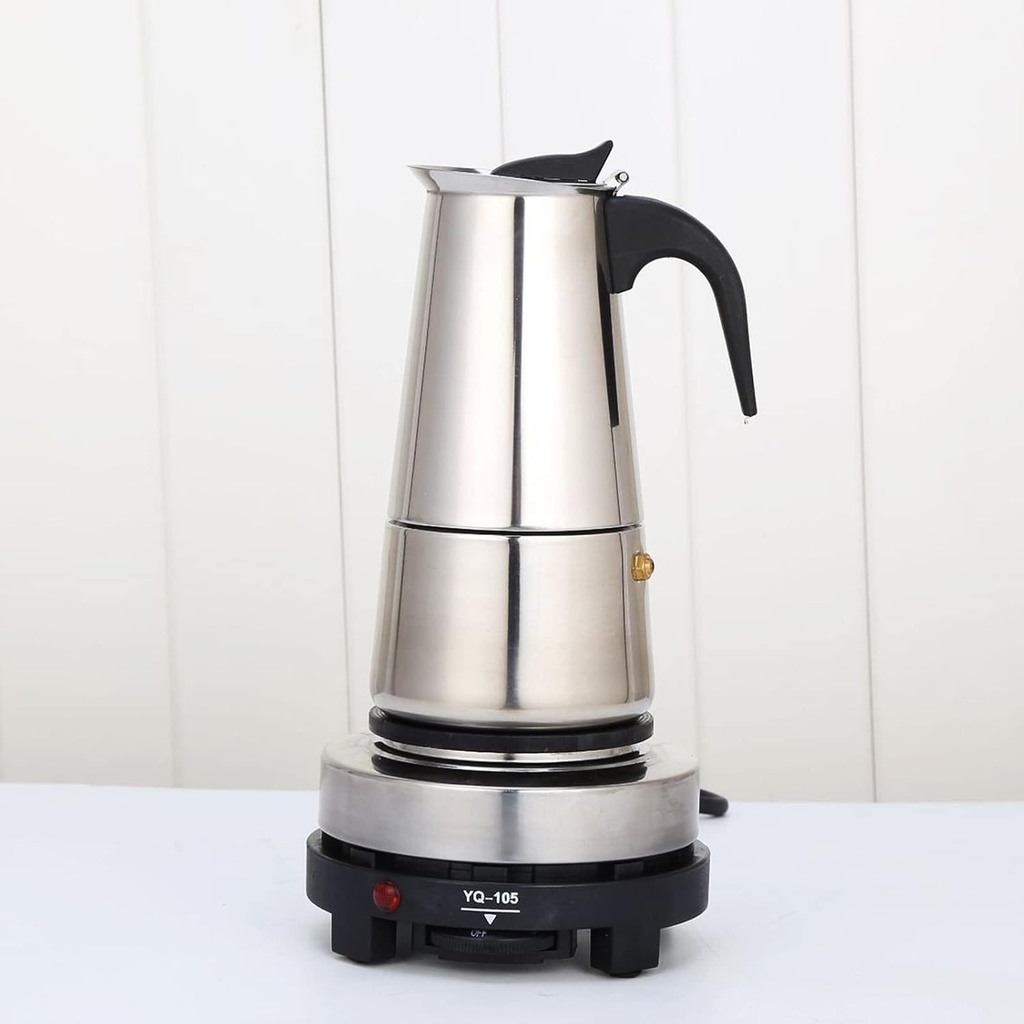 Moka Pot Stainless Steel Coffee Pot Stovetop Espresso Maker Percolator Italian Coffee Maker 300ml/10oz/6 cup W/Electric Stove (6 Cup)