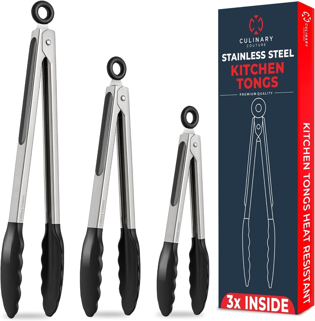 Kitchen Tongs for Cooking with Silicone Tips, Heat Resistant Tongs for Serving Food, 7-Inch, 9-Inch, 12-Inch Locking Silicone Tong, Set of 3 Salad Tong, Black Kitchen Utensils