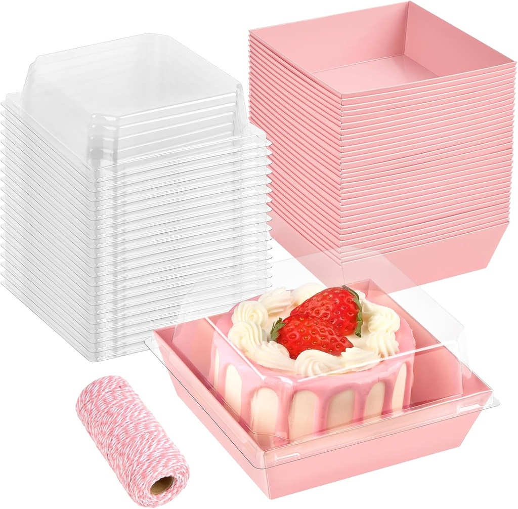 50 Pack Small Pink Paper Charcuterie Boxes with Clear Lids, 4 Inches Disposable Sandwich Boxes Square To Go Food Containers for Desserts, Strawberries, Cake Slice and Cookies