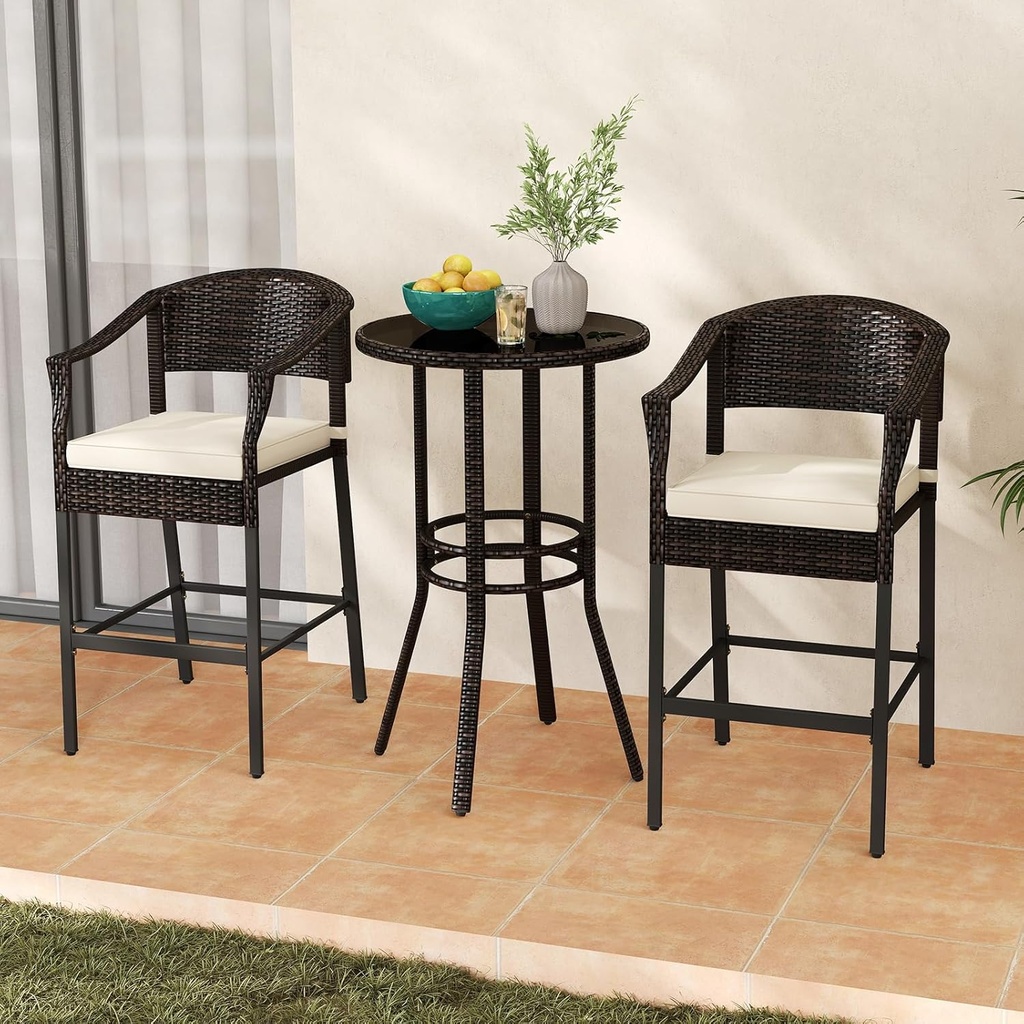 RELAX4LIFE 3-Piece Outdoor Bar Set - Patio Wicker Rattan Bar Height Barstools w/Cushions, Footrest, Round Glass Top Table, High Top Bistro Table & Chairs Set of 2 for Pool Porch Balcony (Brown-Beige)