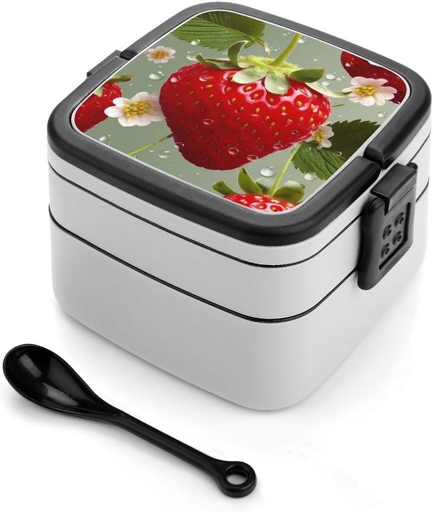 Lovely Strawberry Bento Box Adult Lunch Box for Men Women Leak-Proof Lunchbox with Spoon 2 Compartment Large Lunch Container for Work Dining Camping, XB0602028