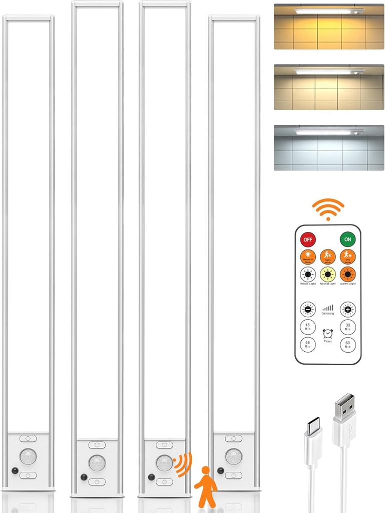 Under Cabinet Lights, 80 LED Motion Sensor Light Indoor,4000mAh USB Rechargeable Closet Light with Remote Control,3 Color Temps Wireless Under Counter Lights for Bedroom,Kitchen,Stairs,4 Pack