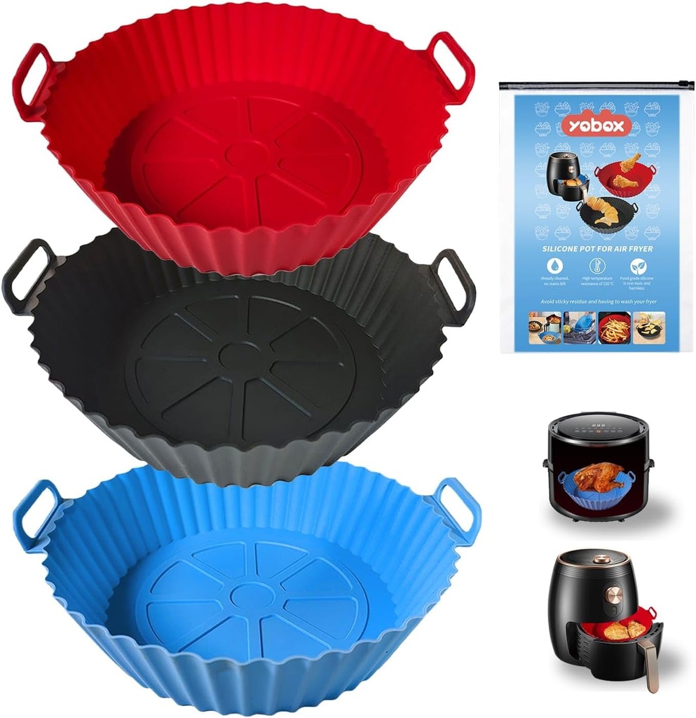 Silicone Air Fryer Liner, 3 Pack Reusable Air Fryer Pot, Air Fryer Accessories, Kitchen Accessories Replacement for Disposable Parchment Paper Liner, Compatible with All Air Fyers YOBOX