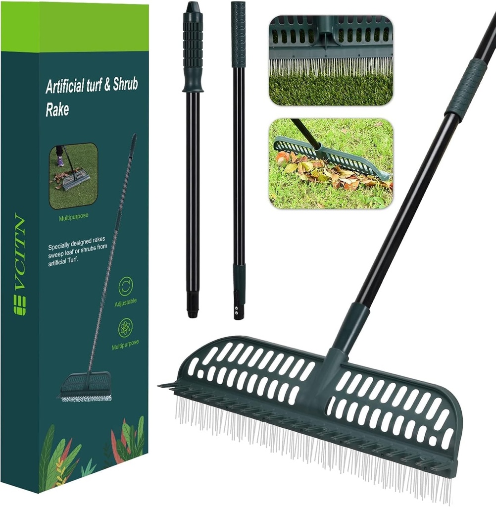 Artificial Turf Rake, 43 to 63" Long Pole Turf rake - 18" Wide Garden Hand Rake for Lawn, Synthetic Grass, Carpet, Shrub, Remove Leaves, Debris, Pet Hairs (Dark Green)