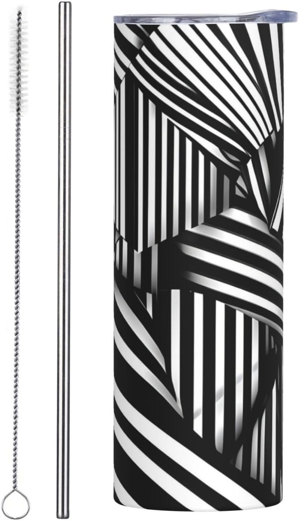 20ozBlack and white geometric lines stainless steel straw lid cup, double-layer stainless steel, can be drunk directly or with a straw