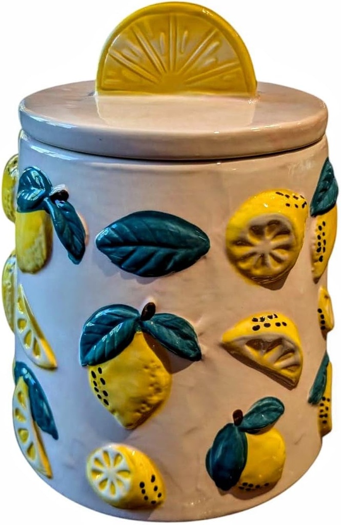 Ceramic Lemon Theme Cookie Candy Nut Jar Container Canister 7 inches High and 6 inches Wide With Gasketed Top