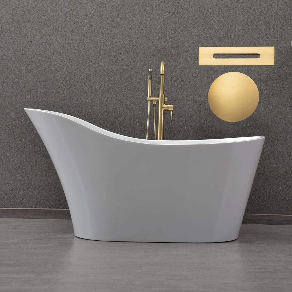 WOODBRIDGE 59" Acrylic Freestanding Bathtub Contemporary Soaking White Tub with Matte Black Overflow and Drain，B0029-MB-Drain&O