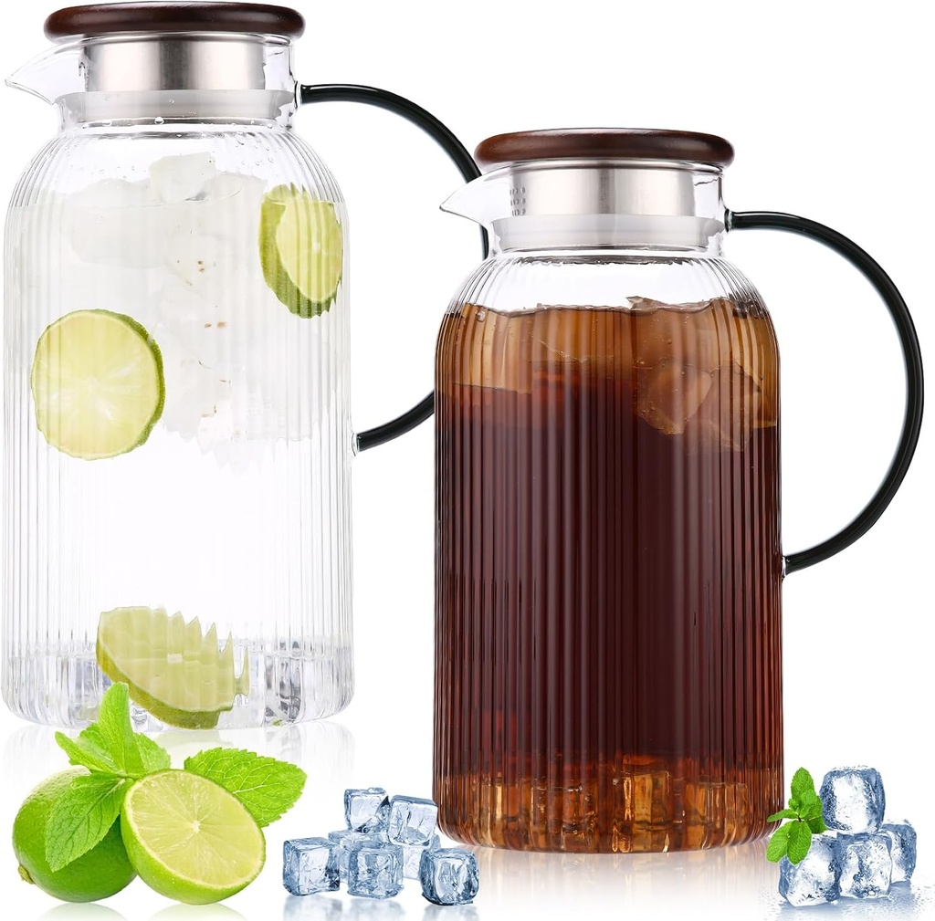 2 Pack 68 oz Glass Pitcher with Lid and Handle,Vintage Glass Water Pitcher for Fridge,Lemonade, Sun Iced Tea Pitche,Coffee Carafe Beverage Serveware.Juice Jugs for Hot/Cold Drinks and Milk-Stripe