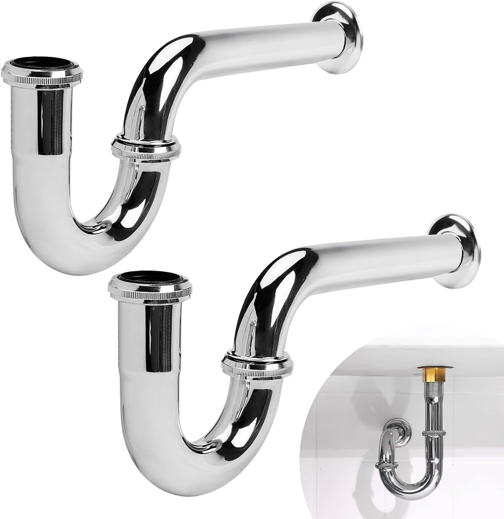 Stainless 2 Pack Steel P-Trap - 1 1/4 Inch Bathroom Basin Sink Waste Trap with Reducing Washer, Chrome Finish, Silver