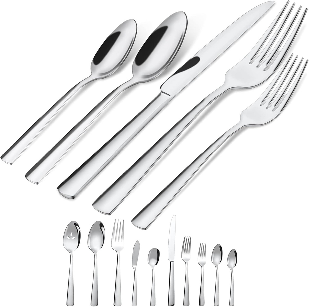 45-Piece Flatware Sets, Silverware Set for 8, Durable Stainless Steel Tableware in Ergonomic Design Size and Weight, Kitchen Utensils Set with Steak Knives, Rust-proof, Dishwasher Safe