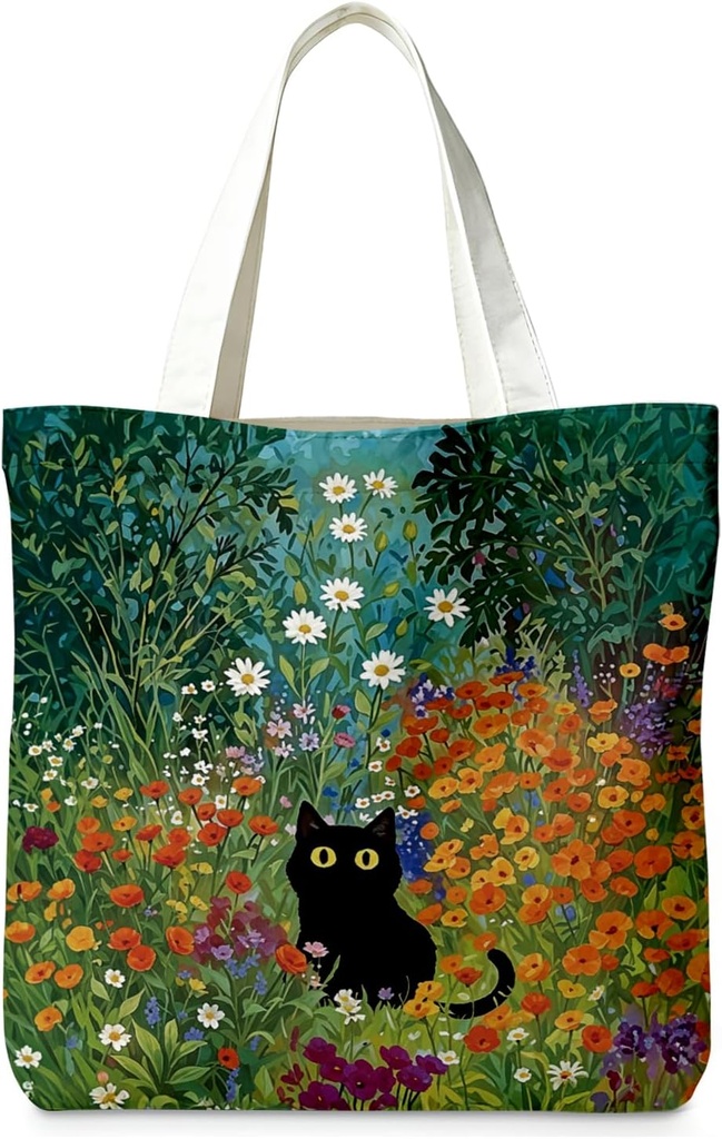 Cute Black Cat Canvas Tote Bag Aesthetic Flowers Reusable Shopping Grocery Bags Birthday Gifts for Women & Teen Girls