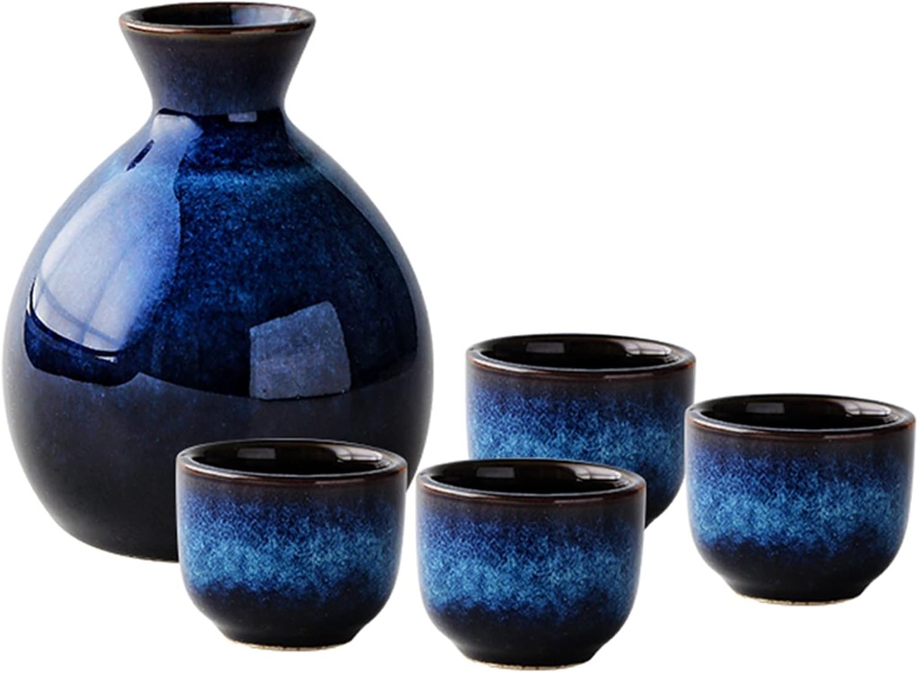 Japanese Sake Set Navy Blue Ceramic Cups Crafts Kit 5 Pcs Sakeware