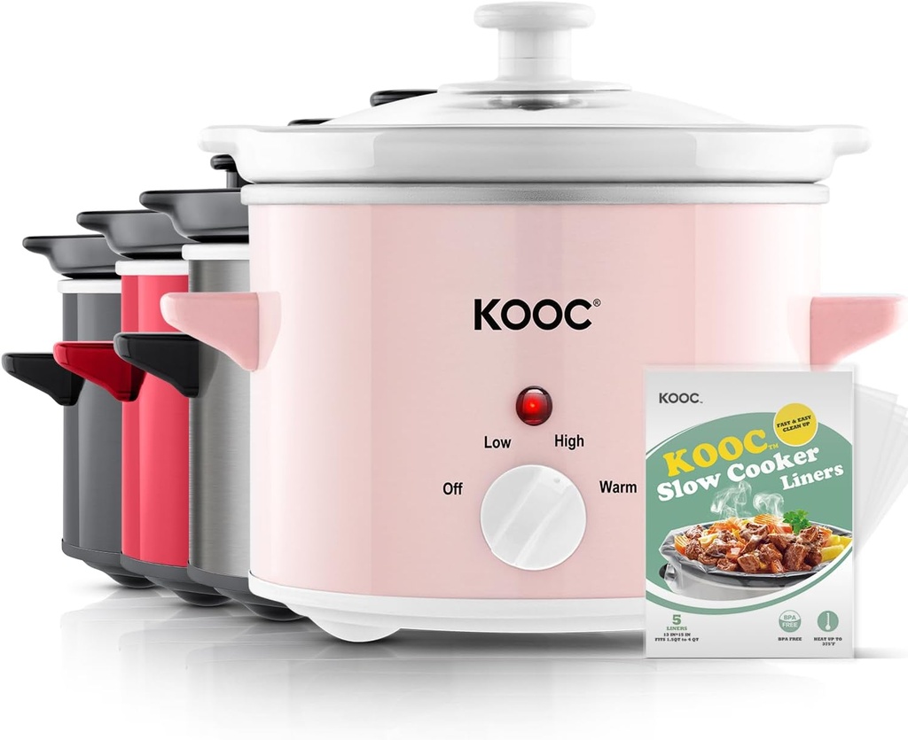 KOOC Small Slow Cooker, 2-Quart, Free Liners Included for Easy Clean-up, Upgraded Ceramic pot, Adjustable Temp, Nutrient Loss Reduction, Stainless Steel, Pink, Round