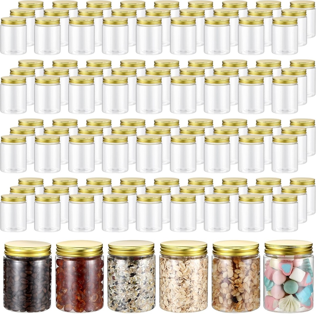 Wesiti 60 Pcs 8 oz Clear Plastic Mason Jars Containers With Screw on Gold Lids Refillable Round Empty Plastic Jars Storage Containers Reusable for Kitchen Household Dry Food Storage Honey Herb Nuts