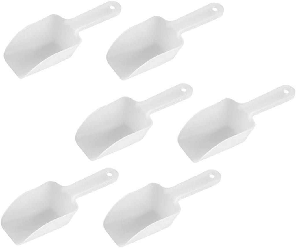Mobestech Small Plastic Ice Scoop and Utility Scoop Set for Flour and Rice Heavy Duty Ice Scooper for Kitchen and Bar 6-Piece White Set