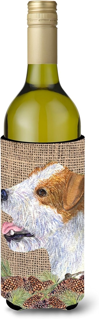 Caroline's Treasures SS4093LITERK Jack Russell Terrier on Faux Burlap with Pine Cones Wine Bottle Hugger Bottle Cooler Sleeve Hugger Machine Washable Collapsible Insulator Beverage Insulated Holder