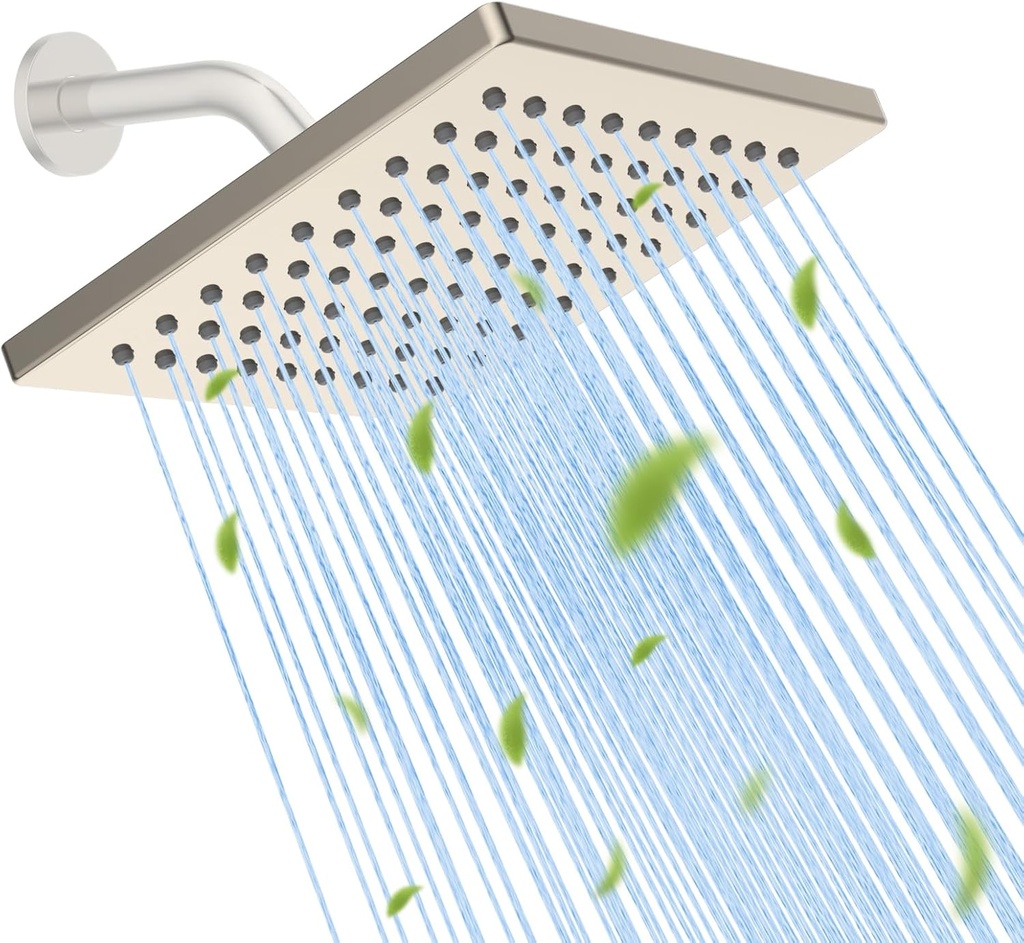 Hibbent Thickness Metal Rain Shower Head, 6'' High Pressure Rainfall Shower Head, Square Bathroom Waterfall Shower Heads, High Flow Fixed Showerheads with Adjustable Brass Ball Joint, Brushed Nickel