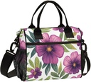Lunch Bag Box for Women Men, Purple Green Flower Pattern Reusable Insulated Lunch Tote, Leakproof Shoulder Bags Cooler with High Capacity for Work,Picnic,Camping