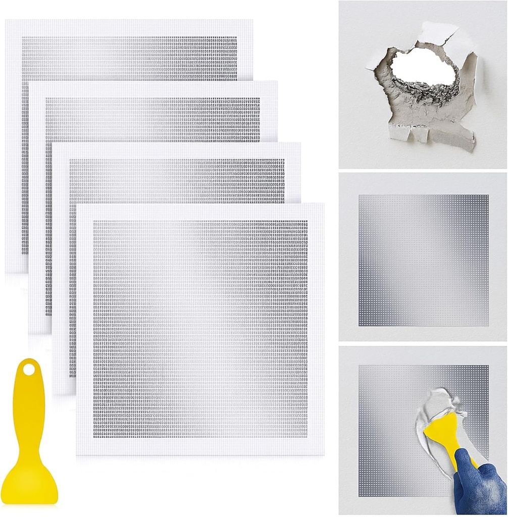 4 Pcs 10 x10 Inch Drywall Repair Kit Self Adhesive Mesh Drywall Repair Patch Set with Sanding Pads and Scraper Heavy Duty Metal Aluminum Dry Hole Patch Tools for Large Hole Wall Ceiling Tool