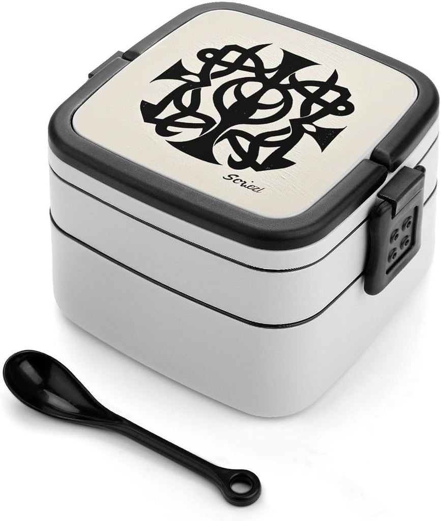 Supernatural Symbols Black Print Bento Box with Spoon, 2-layer Stackable Lunch Box Leak Proof with Invisible Handle, Insulated Food Storage for Office, Picnic & Travel