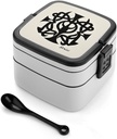 Supernatural Symbols Black Print Bento Box with Spoon, 2-layer Stackable Lunch Box Leak Proof with Invisible Handle, Insulated Food Storage for Office, Picnic & Travel