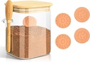 Brown Sugar Keeper Container 850ml, Glass Jar with Lid and Spoon, Airtight Coffee Bean Storage, Includes 4 Terra Cotta Brown Savers for Softening, Perfect for Baking