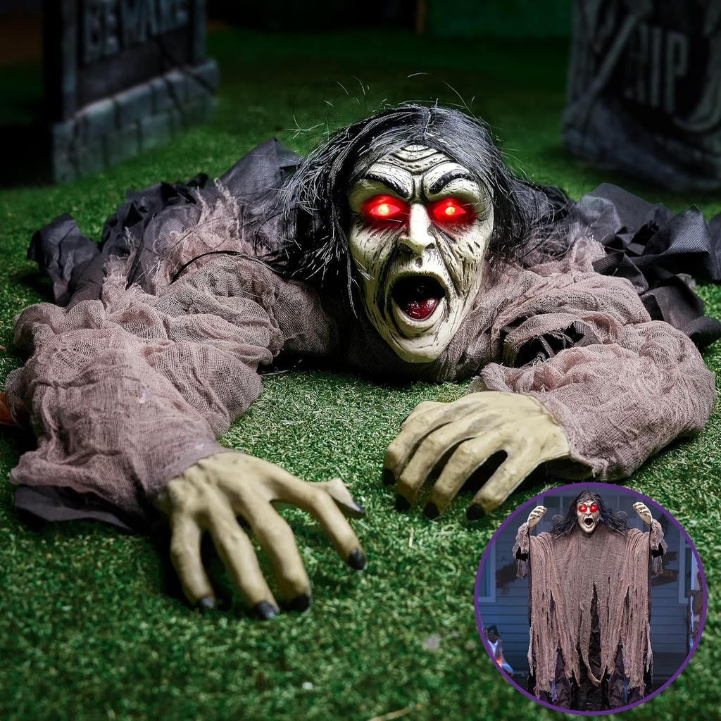 JOYIN Halloween Zombie Decorations Outdoor, Halloween Groundbreaker Outside Decor, Hanging Zombie Prop with Green Face and Lighted Eyes for Graveyard, Haunted House, Lawn, Yard, Indoor Decor
