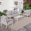 4 Piece Metal Outdoor Patio Furniture Set, Patio Conversation Sets 1 3-Seater Sofa, 2 Single Sofa with 5.75" Extra Thick Cushion and Coffee Table, White Frame Backyard Furniture, Gray