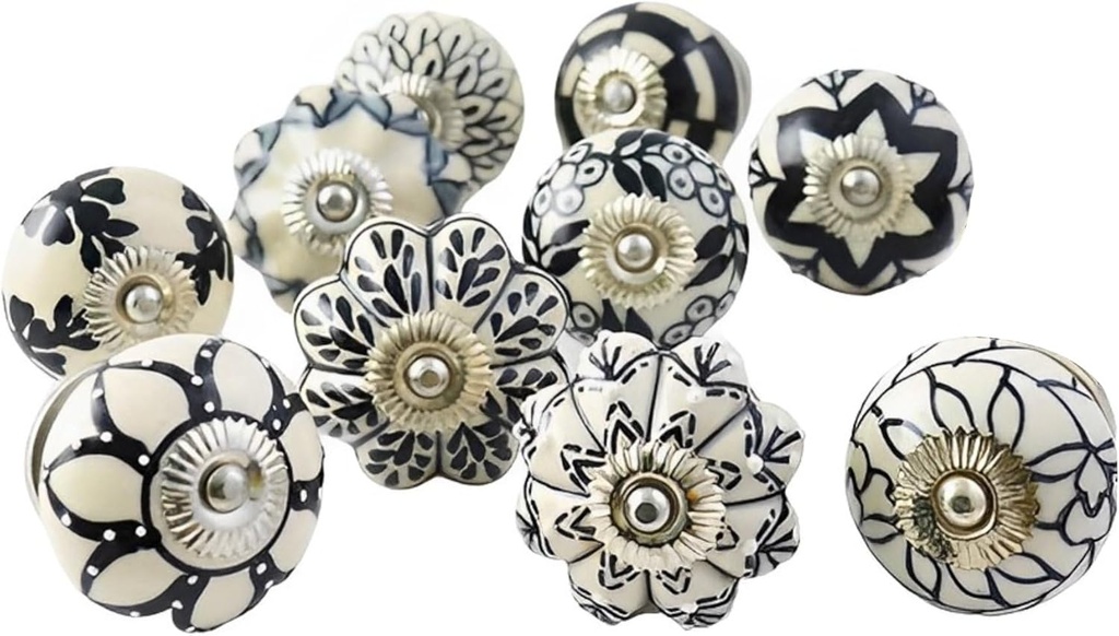 Ajuny Ceramic Cabinet Knobs, Set of 20 - Vintage Black & White, Hand-Painted Pumpkin & Round Drawer Pulls for Kitchen Cabinets, Vanities, Dressers & Cupboards, 1.5 in, Screws & Backplates Included