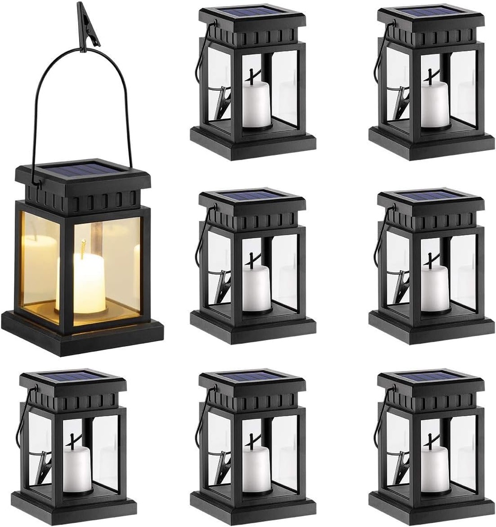 GIGALUMI 8 Pack Solar Hanging Lantern Outdoor, Candle Effect Light with Stakes for Garden, Patio, Lawn, Deck, Umbrella, Tent, Tree, Yard, Driveway-Warm White