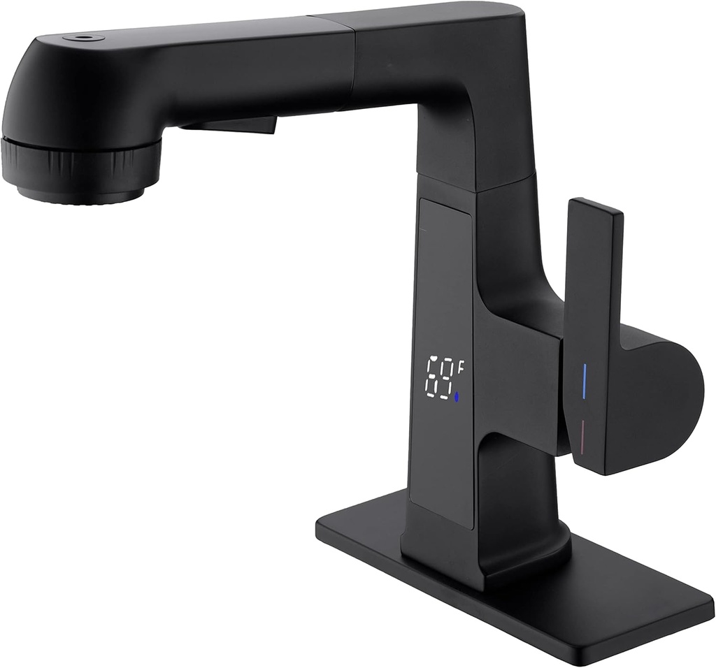 Qeemee LED Bathroom Faucet with Pull Out Sprayer, Matte Black Temperature Digital Display Sink Faucet 5 Water Flow Modes, Single Handle RV Bath Vanity Faucets for 1 or 3 Hole