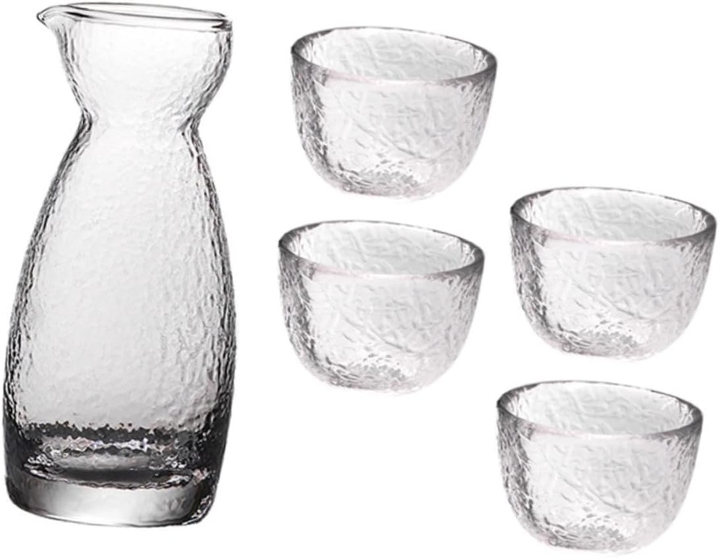 1set Japanese Style Sake Pot and Hammered Glass Cup Sake for Entertaining Includes and Cups for Tea and Spirits