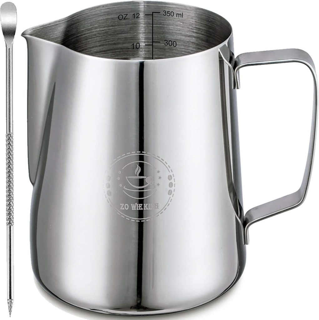 Milk Frothing Pitcher 12oz, Espresso Steaming Pitchers 350ml, Frother cup, Coffee Cappuccino Latte Art,304 Stainless Steel Jug with Decorating Art Pen