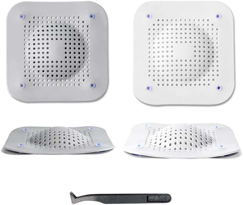 Hair Catcher Silicone Shower Drain Protector, Raised Square Shower Drain Covers with Suction Cup, Easy to Install Suit for Bathroom Bathtub,Kitchen 4 Pack (Grey White)