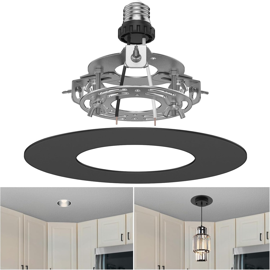 5" and 6" Recessed Can Light Conversion Kit, Fixture Upgrade, Pendant & Hanging Light, Ceiling Fan Compatible, 7¾ Inch Flat Steel Ceiling Medallion, Black Finish