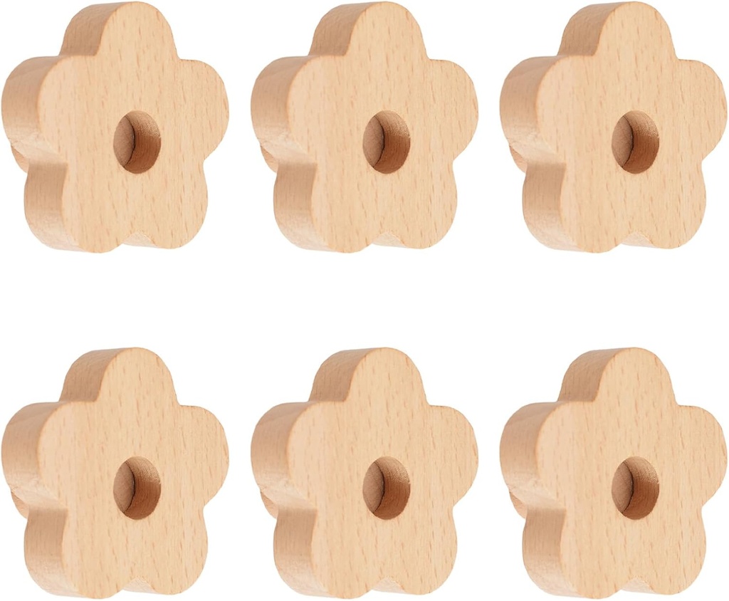 MOROBOR Flower Shaped Wooden Knobs,6pcs Natural Handmade Wood Knob Single Hole Beech Wood Handles for Drawer Wardrobe Cabinet Dresser with Screws& Expansion Tube