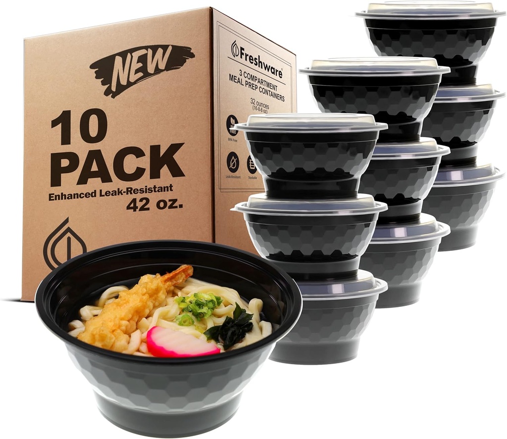 Freshware Meal Prep Containers [10 Pack] Bento Box, Food Storage Containers, Plastic Bowls with Lids for Soup and Salad, BPA Free, Stackable, Lunch Boxes, Microwave/Dishwasher/Freezer Safe (42 oz)