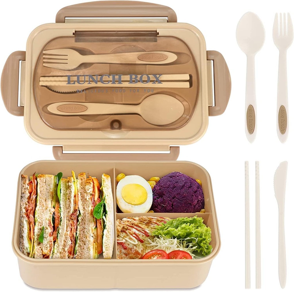 Bento Box for Adult, 1200 ML Lunch Containers for Adults, LeakProof Lunch Box with Utensils, BPA Free, 3 Compartment Bento Box Microwave Safe