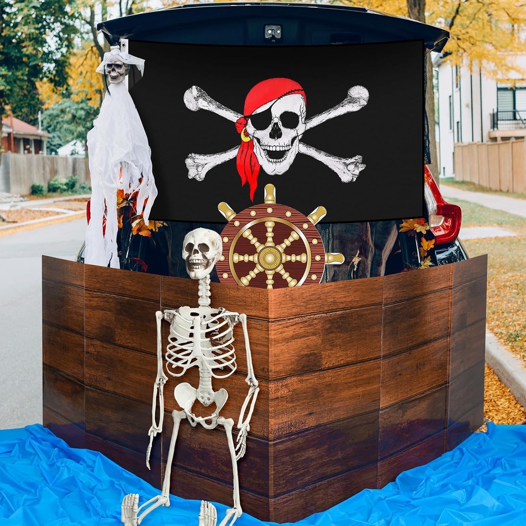 Halloween Trunk or Treat Car Decorations Kit Pirate Skull Backdrop Pirate Ship Cardboard and Blue Tablecloth for Halloween Garage Archway Door Home Car Decorations Party Supplies