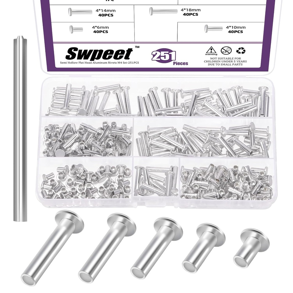 Swpeet 251Pcs 5 Sizes M4×6mm/10mm/14mm/18mm/20mm Aluminum Flat Head Semi Tubular Rivets with Punch Assortment Kit, Round Flat Head Semi Tubular Rivets in Silver Tone for Craft Repairs and Decoration