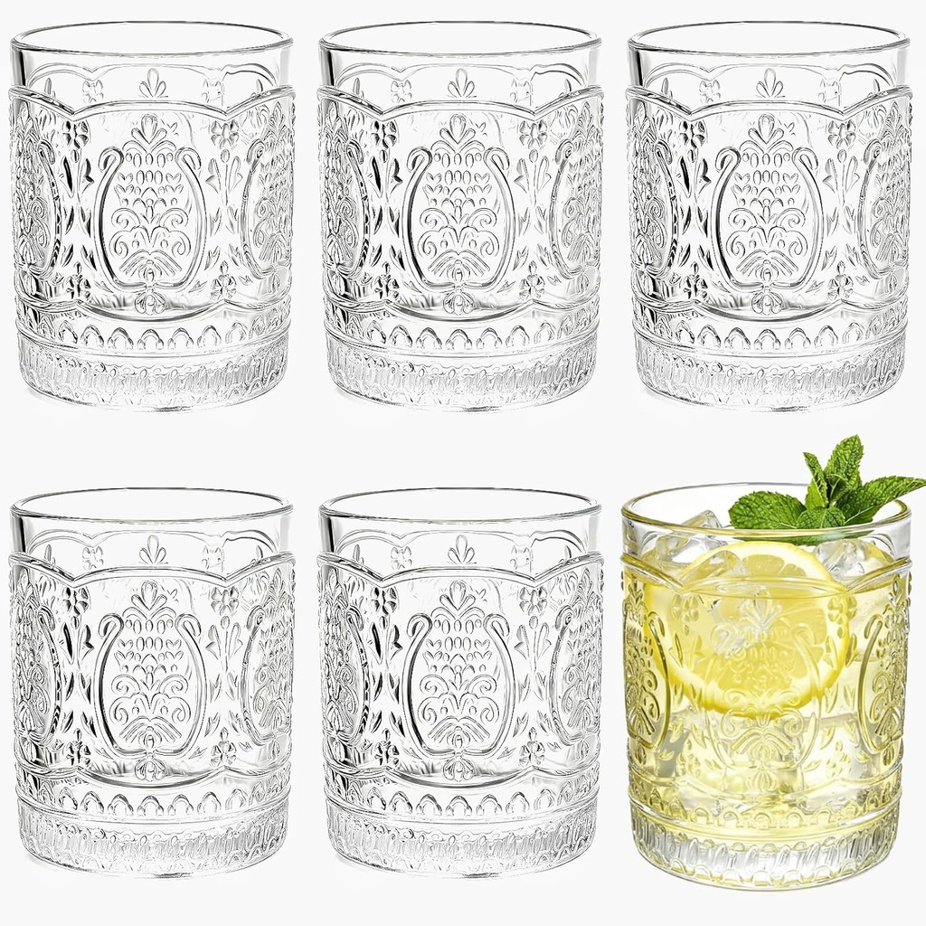 6 Pack 13 OZ Romantic Water Glasses, Embossed Drinking Glasses Tumblers, Vintage Hobnail Glassware Set, Clear Rocks Glass Cups for Juice, Soda, Beer, Cocktail, Beverages