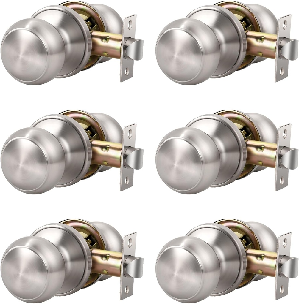 KNOBWELL 6 Pack Passage Door Knob Brushed Nickel,Round Door knob for Hall and Closet Door Knobs, Non-Locking Round Door Handle, Satin Nickel Interior Door Knob, Keyless Stainless Steel Passage Knobs