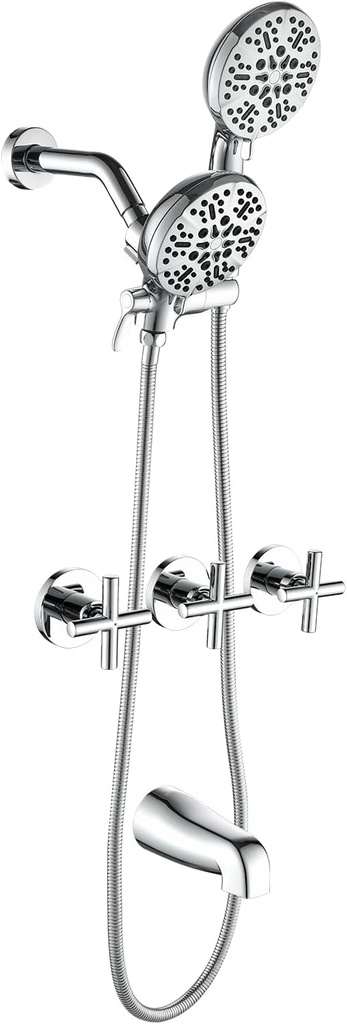 3 Handle Shower Faucet Set with Tub Spout Bathtub Shower Faucet Combo Set Shower System Complete Tub and Shower Trim Kit Chrome Polished Wall Mounted Shower Fixtures