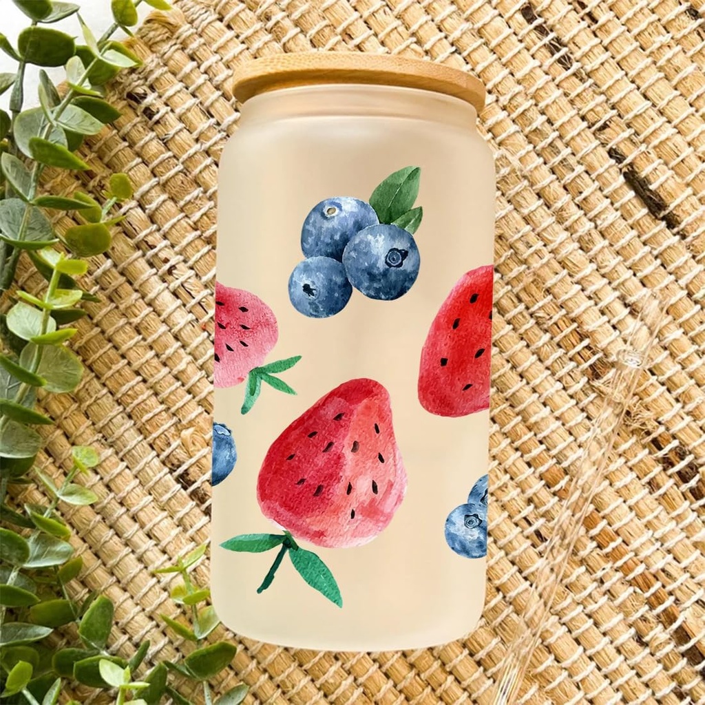 Strawberry Drinking Glasses with Bamboo Lids, Iced Coffee Glass with Bamboo Lids and Straw, Beer Can Shaped Drinking Glass Cup, Birthday Graduation Mothers Day Wedding Nurse Christmas Gifts