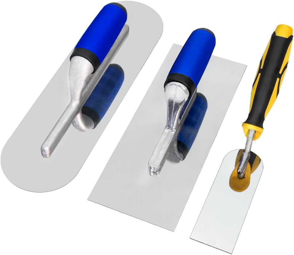Concrete Tools Set Stainless Steel Flat Finishing Trowel (11" x 4.3") and Pool Trowel (14" x 4") and Margin Trowel (6" x 2") Drywall Cement Plastering Masonry Construction Hand Kit