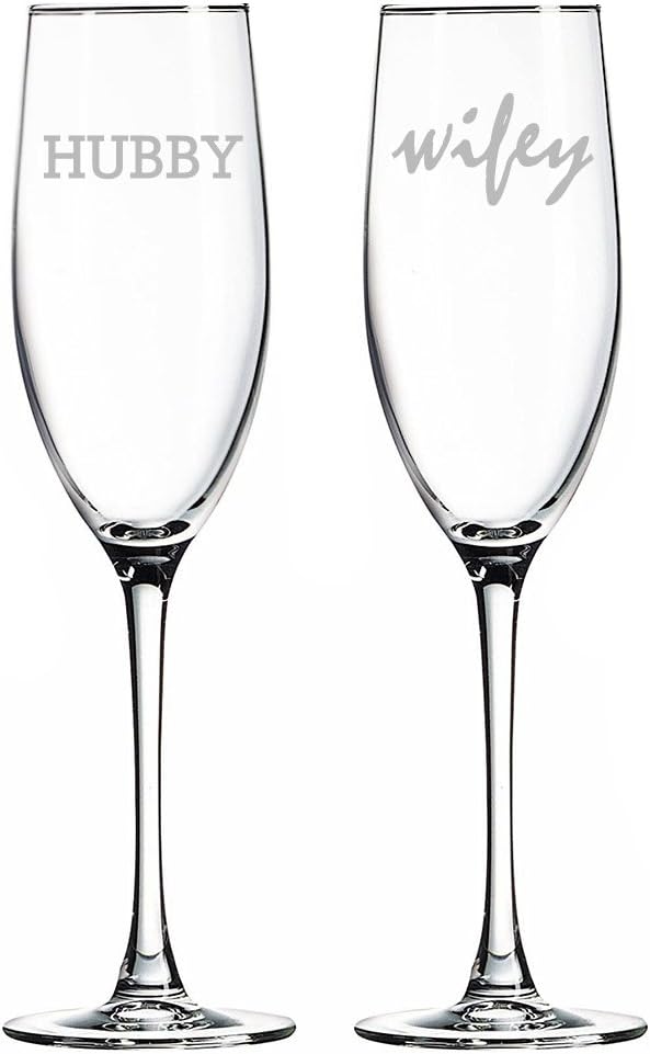 Hubby and Wifey Champagne Toasting Flute Glasses, Set of 2