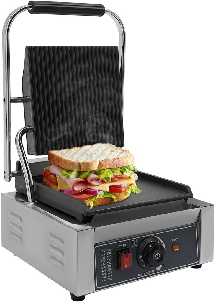 Commercial Panini Press Grill, 1800W Electric Stainless Steel Sandwich Maker with Whisk, Single Head Commercial Sandwich Maker for Paninis Hamburgers Steaks Bacons