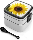 Flower Sunflower Bento Box Double-Layer Bento Lunch Container with Spoon And Invisible Handle Adult Leak-Proof Lunchbox for Dining Out Work Picnics Travel